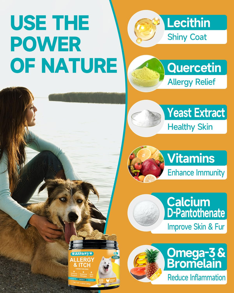 Allergy for dogs - Against itching - Soothes itchy skin, paws, ears - Strengthens the immune system - For dogs that scratch, itch & lick - With chicken flavor, 120 PCS - BeesActive Australia