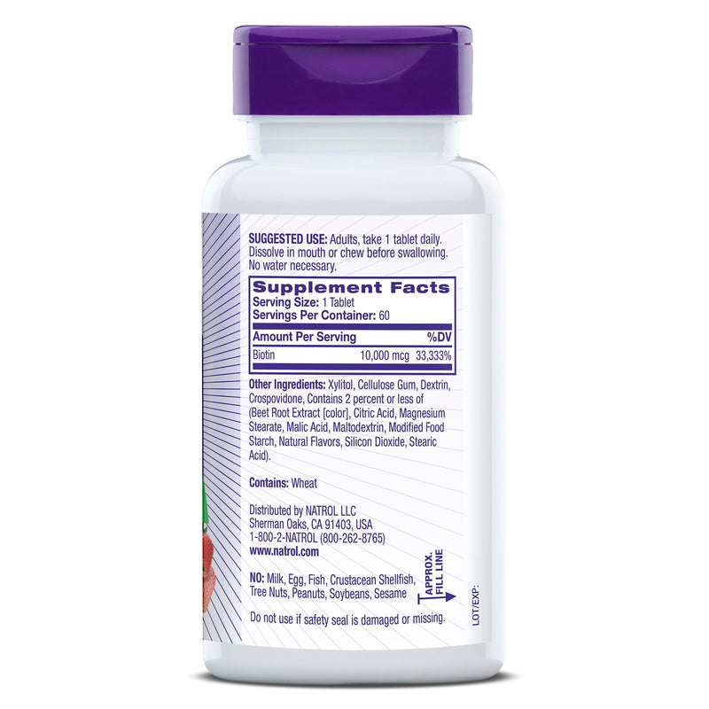 Natrol Biotin 10000mcg, 4X Faster Dissolve Supplement for Healthy Hair, Skin and Nails for Those Low in Biotin, Plus Energy Metabolism Support, 60 Tablets, Up to a 60 Day Supply Strawberry 60 Count (Pack of 1)