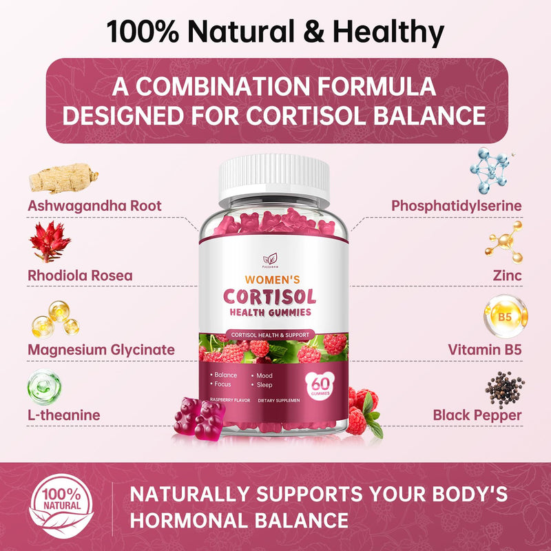 Cortisol Supplement for Women,cortisol manager Gummies,with rhodiola rosea,l-theanine,Phosphatidylserine,magnesium ashwagandha - Emotional support, adrenal balance, sleep, raspberry flavor, 60 Count 60 Count (Pack of 1)