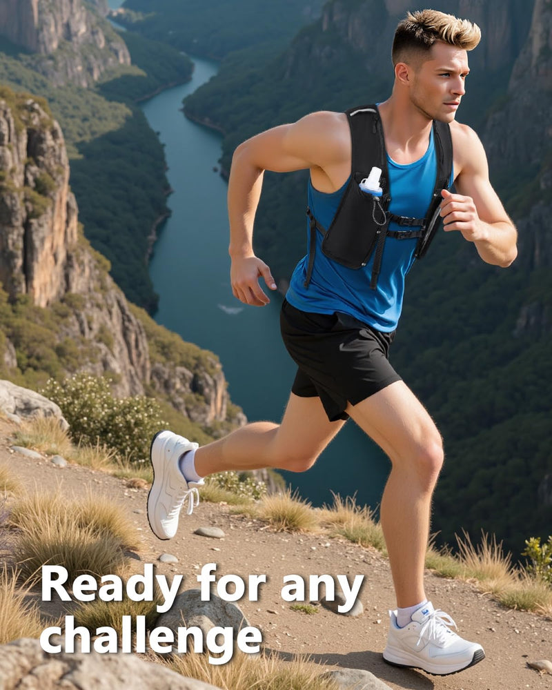 Running Hydration Vest for Women Men,Lightweight Breathable Hydration Pack with 500ml Soft Flask, Adjustable Chest Straps Reflective Backpack for Trail Running Marathon Race Jogging Cycling Black