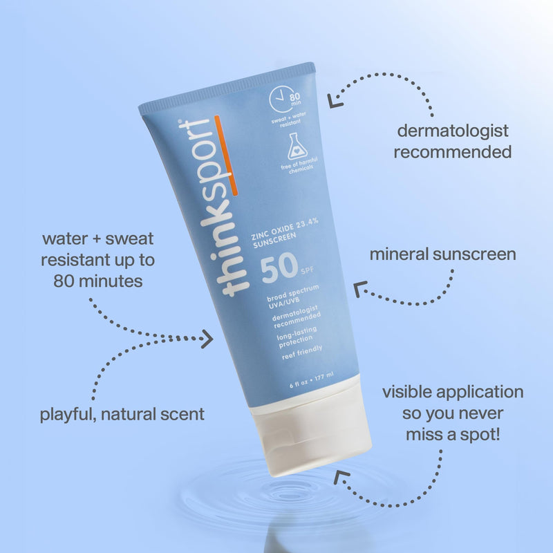 Thinksport SPF 50+ Mineral Sunscreen – Safe, Natural Sunblock for Sports & Active Use - Water Resistant Sun Cream –UVA/UVB Sun Protection – Vegan, Reef Friendly Sun Lotion, 6oz 6 Fl Oz (Pack of 1) - BeesActive Australia