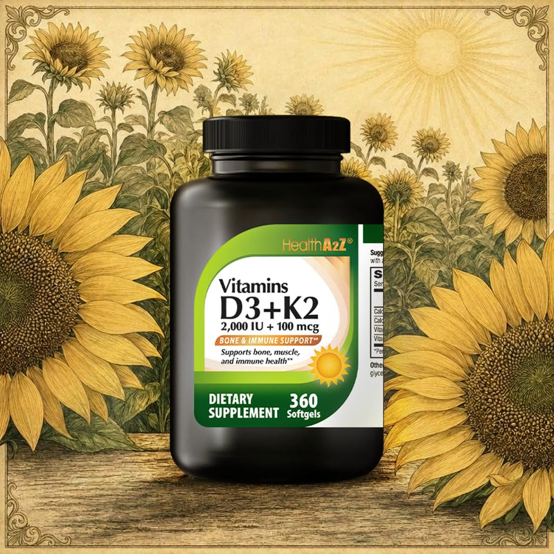 HealthA2Z® Vitamin D3 (2,000 IU) + K2 (100mcg) - 360 Softgels (Pack of 1) | Helps Calcium Absorption, Supports Bones & Teeth, Mood & Immune Health*