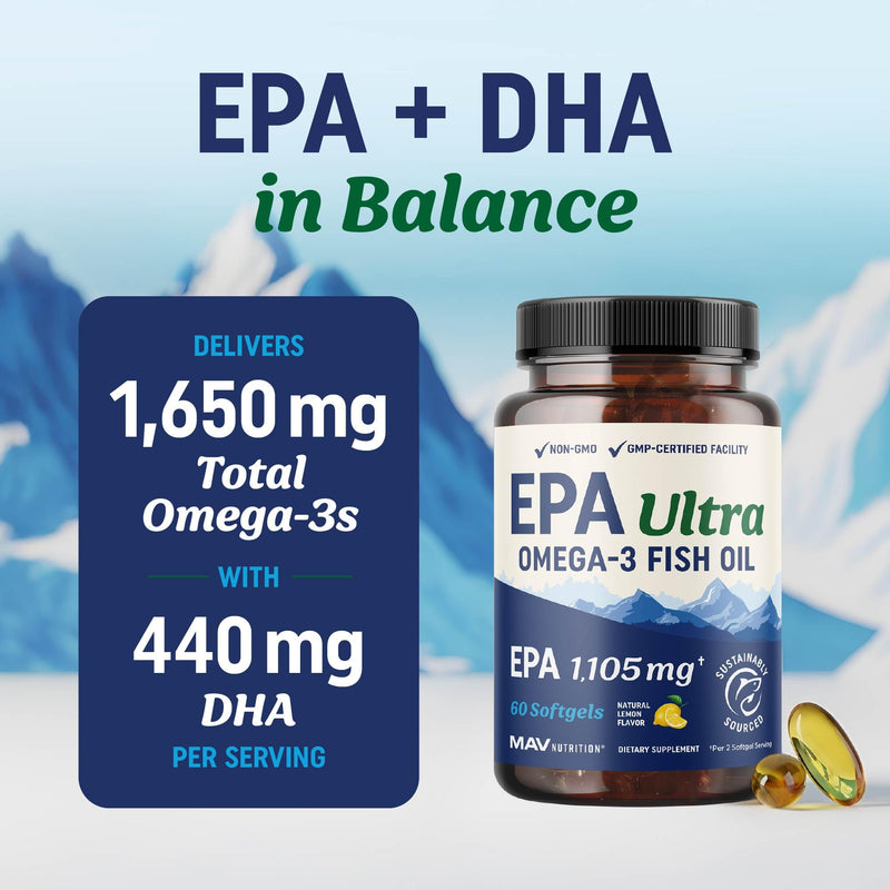 EPA Ultra 1,105MG | Heart Health & Cellular Function Support | Omega 3 Fish Oil | 1,650MG Total Omega-3 Fatty Acids | High Strength EPA Supplement | Sustainably Sourced & Gluten-Free | 60 Ct. - BeesActive Australia