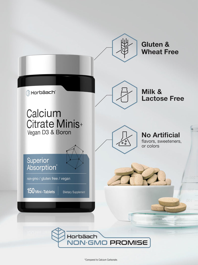 Horbäach Calcium Citrate with Vitamin D3 & Boron | 150 Tablets | Supplement for Men and Women | Vegan, Non-GMO, Gluten Free