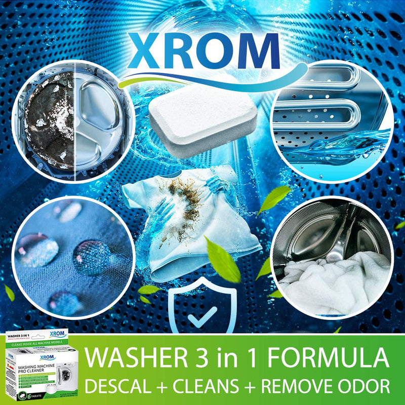 XROM Plant Based, Non Chemicals, Washer Cleaner 3 in 1 Formula, Removes Odors, Limescale & Detergent Build-Up, Removes Hard Water Stains, For Front and Top Load, 6 Per Pack (Original) Original - BeesActive Australia