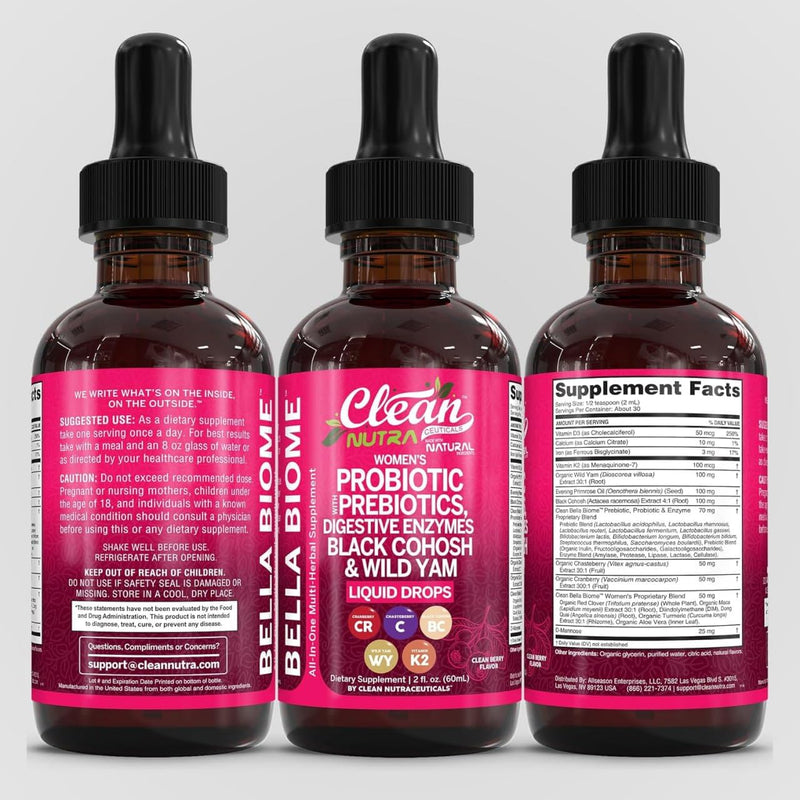Liquid Probiotics for Women Drops with Chasteberry, Black Cohosh, Prebiotics, Digestive Enzymes, Evening Primrose Oil, Wild Yam, Cranberry Dmannose and Iron Vitamin D3 K2 Clean Nutra Bella Biotics 1