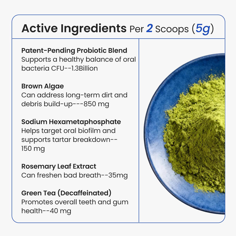 Dog & Cat Teeth Cleaning Powder: Plaque & Tartar Control with Brown Algae, Kelp, Probiotics (1.3B CFU), Sodium Hexametaphosphate & Enzymes – Freshens Breath – Chicken Flavor, 64 Scoops