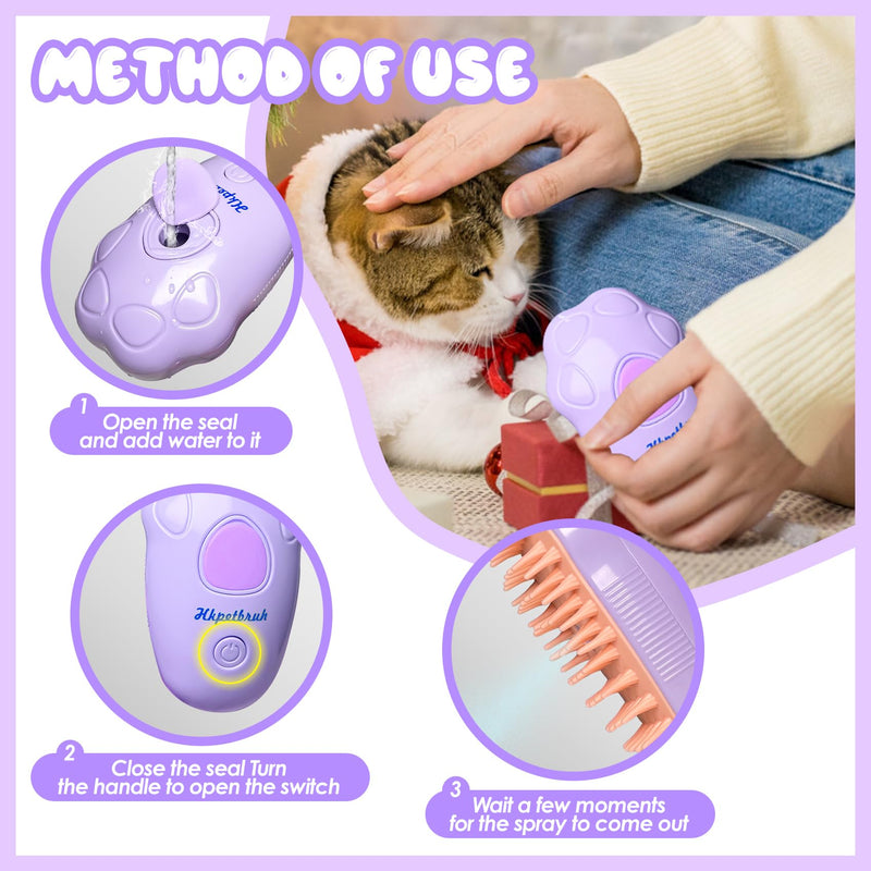 Pet Steam Brush for Cats and Dogs - Easy to Clean Grooming Tool for Pet Spa, Water Brush with Steam Technology - Perfect for Cat & Dog Hair Removal (N Purple) - BeesActive Australia