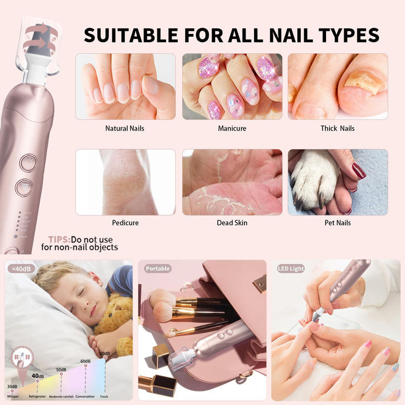 Manicure Pedicure Kit with Case, Professional Nail Grinder for Senior Thick Toenail, Cordless Electric Nail File, 5 Speeds Pedicure Tools for feet Callus Remover, Nail Drill for Women Hand Feet Care Rosecase - BeesActive Australia