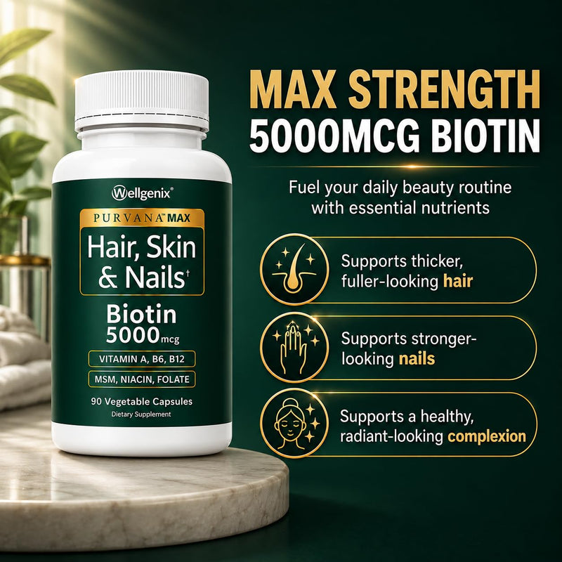 Wellgenix Purvana MAX Hair Skin & Nails Vitamins, Biotin 5000mcg, 90 Count | Biotin, MSM & hyaluronic acid in vegetable capsules for thicker, fuller hair, stronger nails & a clearer, radiant complexion 90 Count (Pack of 1)