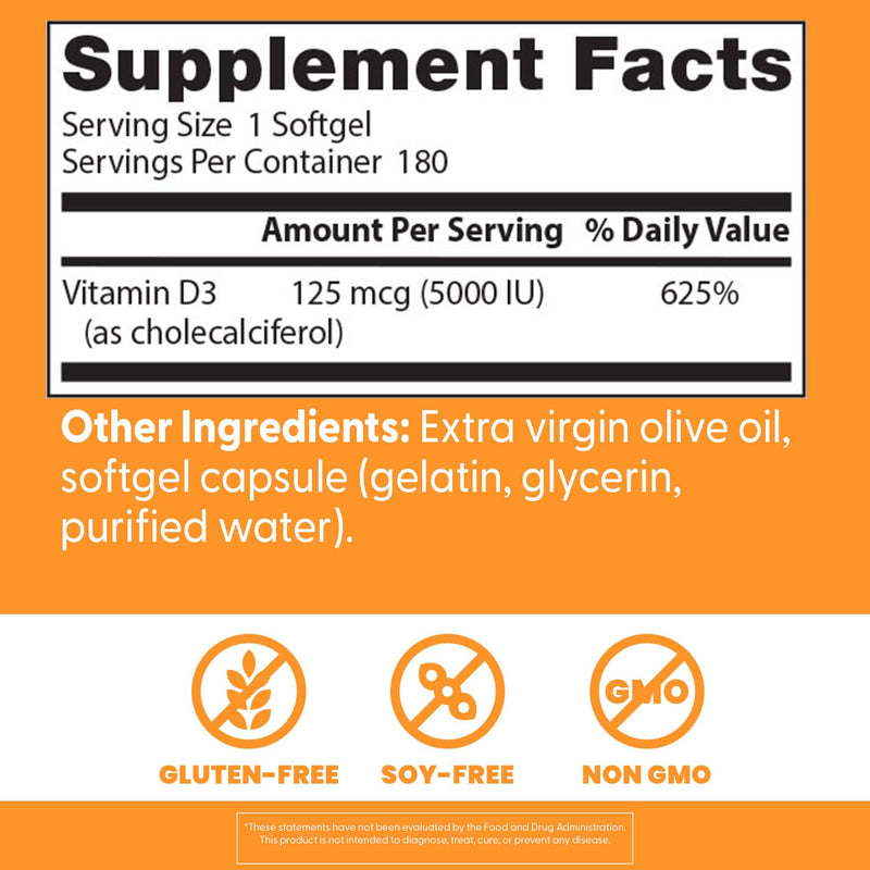 Doctor's Best Vitamin D3 5000IU, Non-GMO, Gluten & Soy Free, Regulates Immune Function, Supports Healthy Bones, White, No Flavour, 180 Count Unflavored 180 Count (Pack of 1)