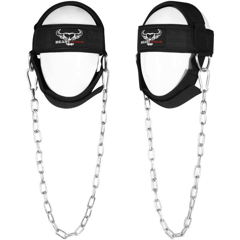 BEAST RAGE Neck Harness for Men, Long Steel Chain 30 inches Weightlifting Head Trainer Adjustable Strap Workout Muscle Strengthener Gym Training Ladies Chin Weight Training Padded Support Black