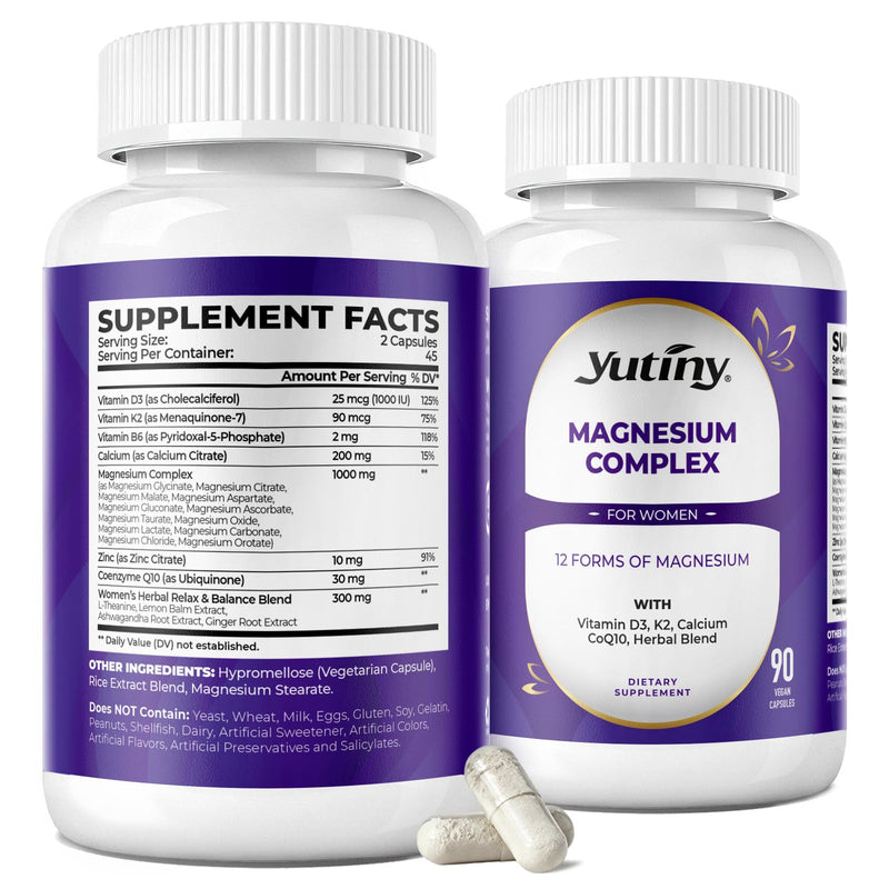 Magnesium Complex 1000mg for Women, 90 Count | 12 In 1 Magnesium Supplement with Glycinate Citrate Malate Taurate Vitamin D3 K2 Zinc Ashwagandha