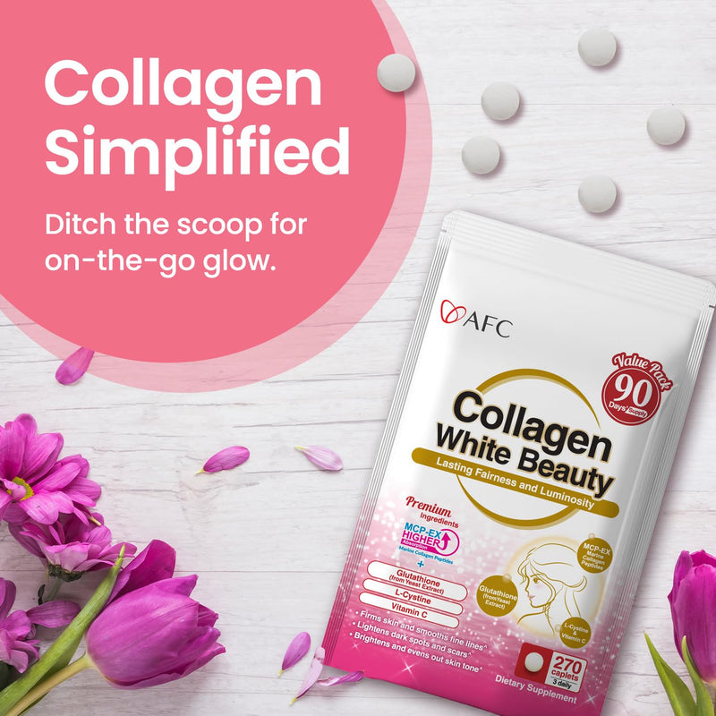 AFC Japan Collagen White Beauty Glutathione - Firm & Radiant Skin 270s | 90 days' supply, marine collagen with glutathione, 1.5x better absorption than regular collagen, Skin firmness & radiance