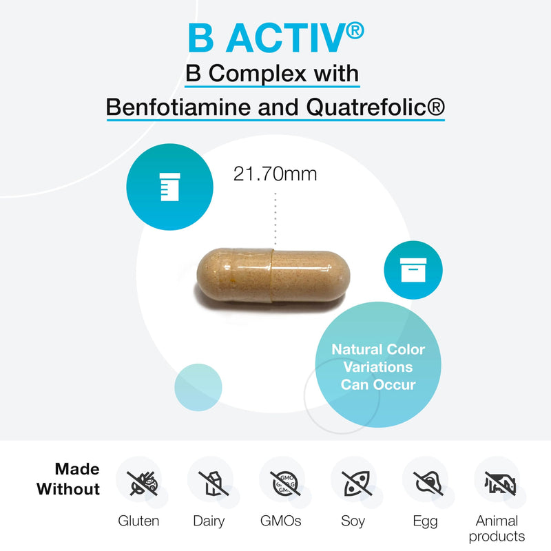 XYMOGEN Vitamin B Complex - B-Activ Activated B Vitamins with Benfotiamine & Quatrefolic - for Adrenal, Immune & Nervous System Support* - Gluten-Free & Vegetarian - 30 Capsules