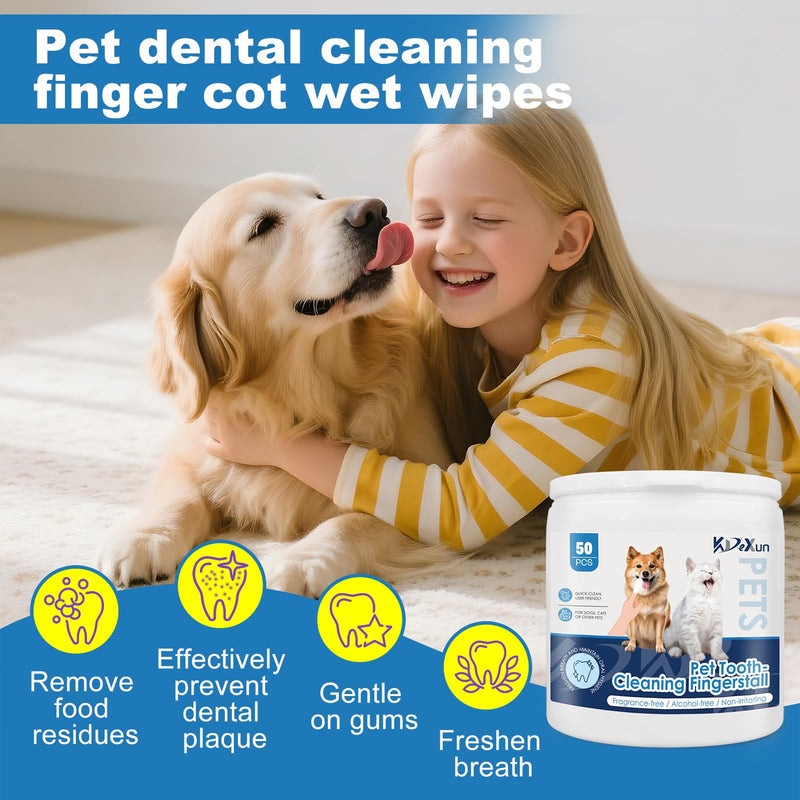 Pet Dental Finger Wipes for Dogs & Cats, Teeth & Gums Cleaning, Fights Bad Breath & Tartar, No Brushing Needed, 50 Count Canister