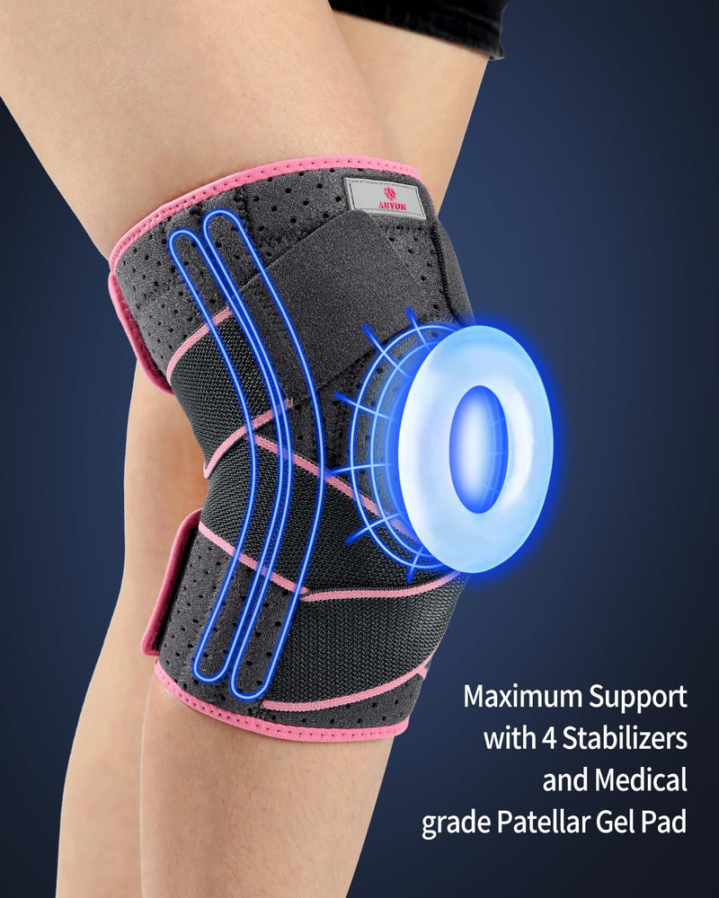 ABYON Knee Brace for Women Plus Size for Meniscus Tear, ACL, Arthritis.Knee Braces with Dual Side Stabilizers & Crossed Compression Straps Maximum Support for Knee Pain Relief and Fast Recovery - Please Check Sizing Video Before Buying Gray-pink