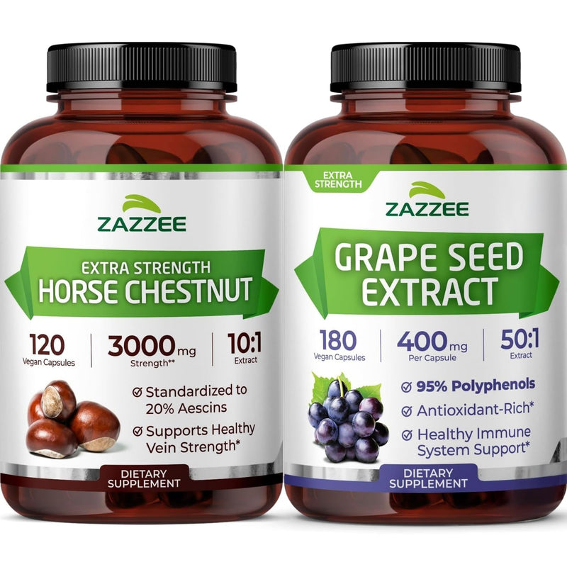 Zazzee Anti Aging Circulatory Support Bundle | Extra Strength Horse Chestnut Supplement with Antioxidant Rich 50:1 Grape Seed Extract Capsules | Non-GMO Vegan & ISO Lab Tested