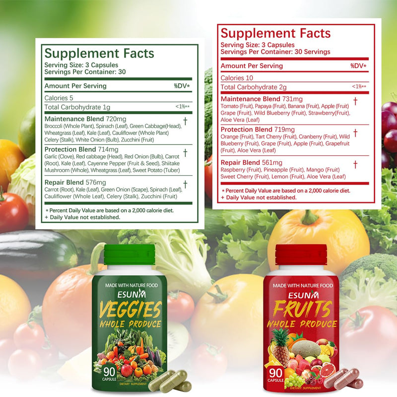 ESUNM Fruits and Veggies Supplement - 90 Fruit and 90 Veggie Capsules - Supports Energy Levels, High Lycopene, Vitamins & Minerals - 90 Count (Pack of 2)