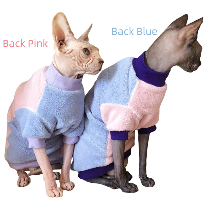 Sphynx Cat Clothes Color Block Hairless Cat Shirts Warm Fleece Winter Cat Sweater Outfit, Pet Clothes for Sphynx Cat Coat for Cats Cats & Small Dogs Apparel (Back Blue Belly Pink, Large) Back Blue Belly Pink - BeesActive Australia