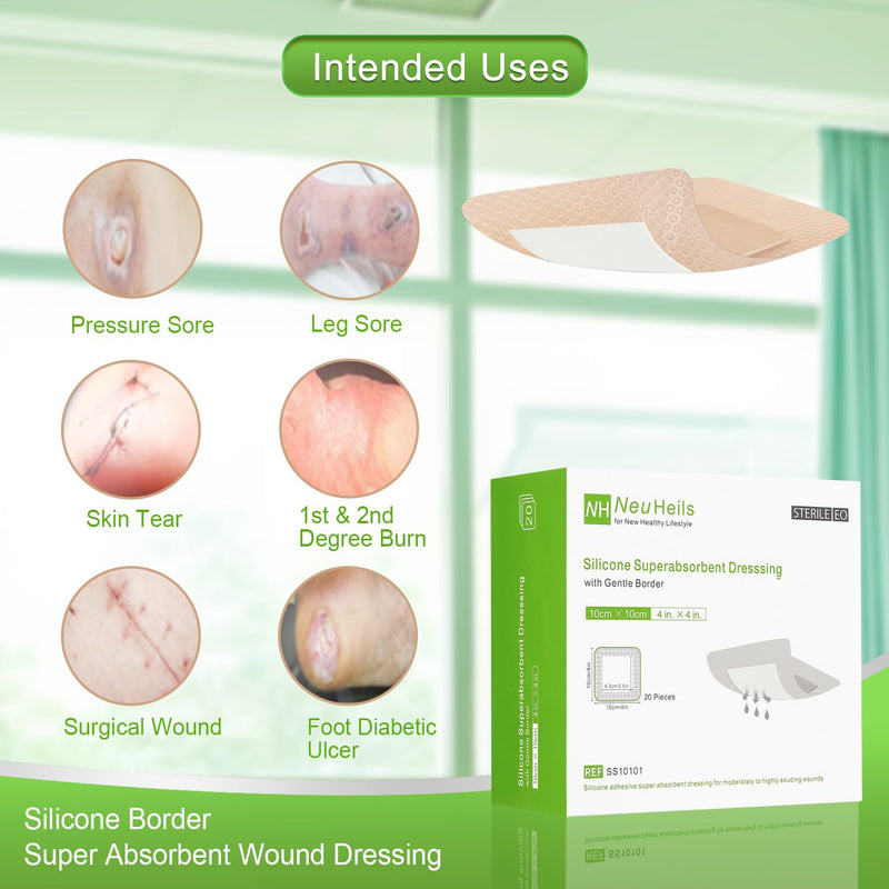 NeuHeils Silicone Super Absorbent Wound Dressing 4''x4'' 20 Packs, Self-Adhesive Waterproof Bandage with Ultrasorb Pad for Heavy Exudates Wound, Soft Gauze Island Dressing 4''x4'' (20 Packs) - BeesActive Australia