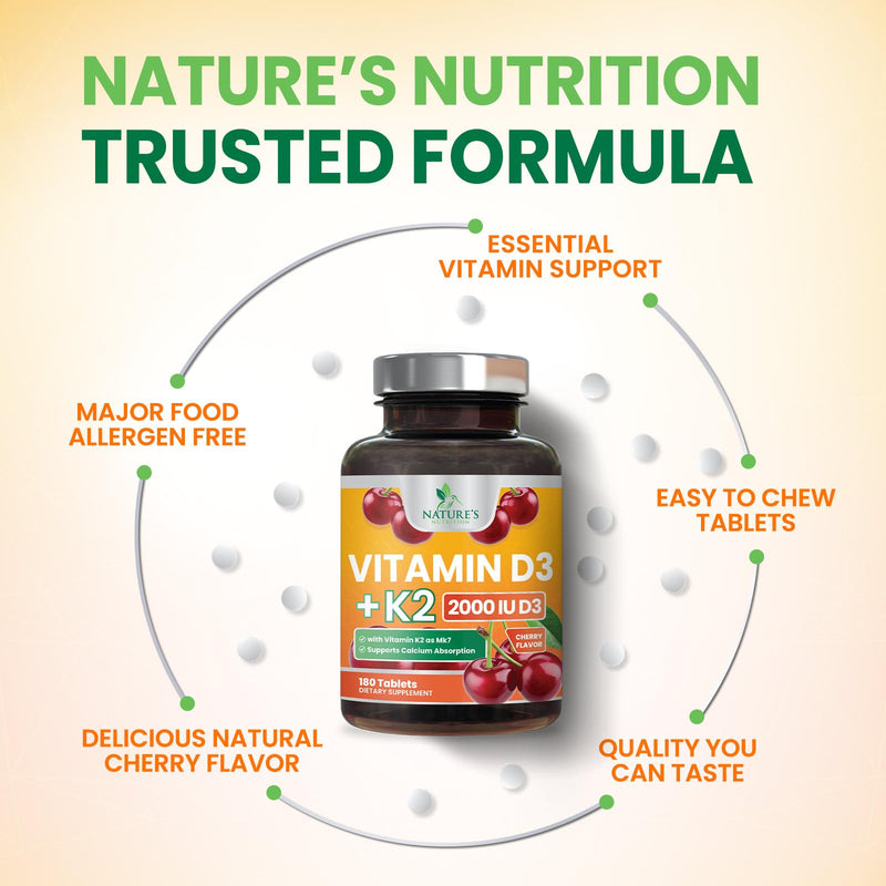 Vitamin D3 K2 Supplement - 2000 IU D3 Per Serving - Extra Strength MK-7 K with Vitamin D3 - For Immune Support, Heart, Teeth & Bone Health - Easy to Swallow D3K2 Chewable, Berry Flavor - 180 Tablets 180 Count (Pack of 1)