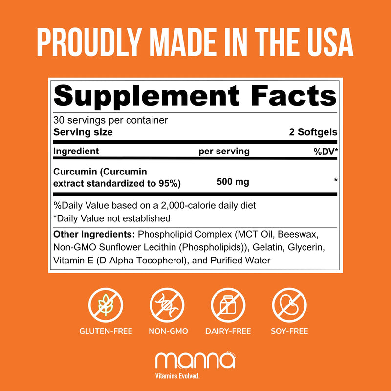 Manna Vitamins Evolved Liposomal Curcumin+ Softgels for Advanced Absorption Best Turmeric Supplement for Daily Joint & Immune Health Support - Non-GMO, 500mg Curcuminoids (60ct)