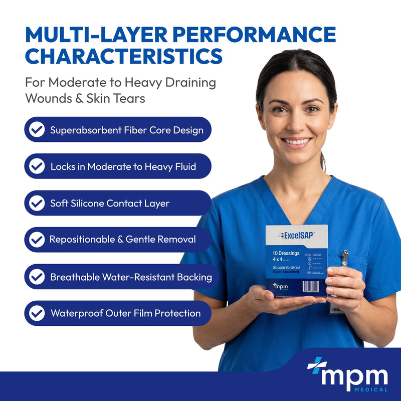 MPM Medical Excel SAP Silicone Bordered Superabsorbent Dressing 4x4, 10 Ct