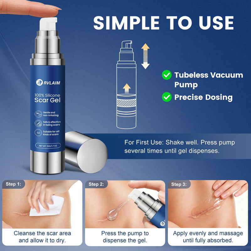 Rvlaim 100% Silicone Scar Gel Scar Cream, Advanced Silicone Gel for Removal of Surgical, Burns, Acne Scar, Old and Recent Scars and Stretch Marks, 1.7 oz/50ml 50ML