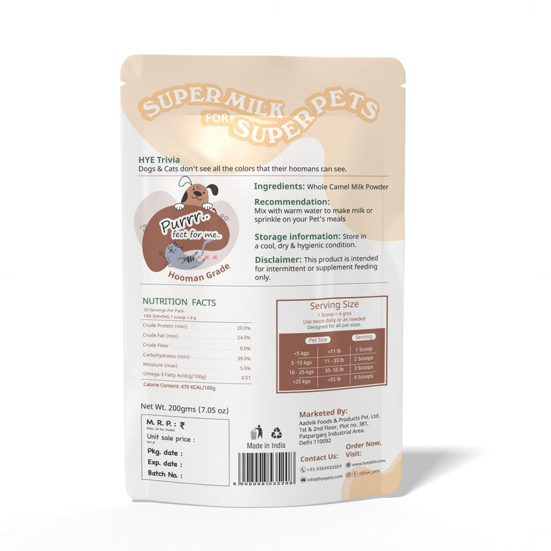 HYE Pets Full Fat Camel Milk Powder for Dogs & Cats, Support Body Growth and Maintain Blood Glucose, 7.05 Oz