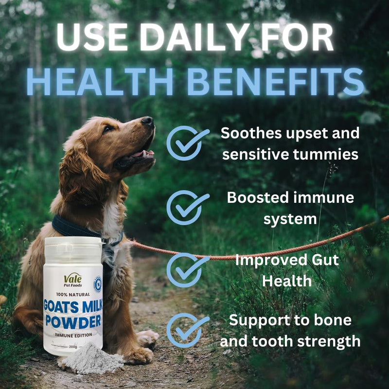 Whole Goats Milk Powder for Dogs 200g - Natural Dog Food Topper & Digestive Aid Supplement for Nutrition, Lick Mat & More - Sprinkle Dry or make into a Dog Milk - Vale Pet Foods