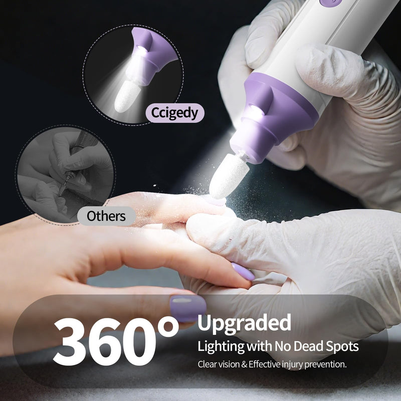 Professional Manicure Pedicure Kit, Cordless Electric Nail File with LCD & Lamp, Rechargeable Toenail Grinder for Thick Toenails, Portable Nail Dremel Tools for Women & Men Baby Pets White Purple - BeesActive Australia