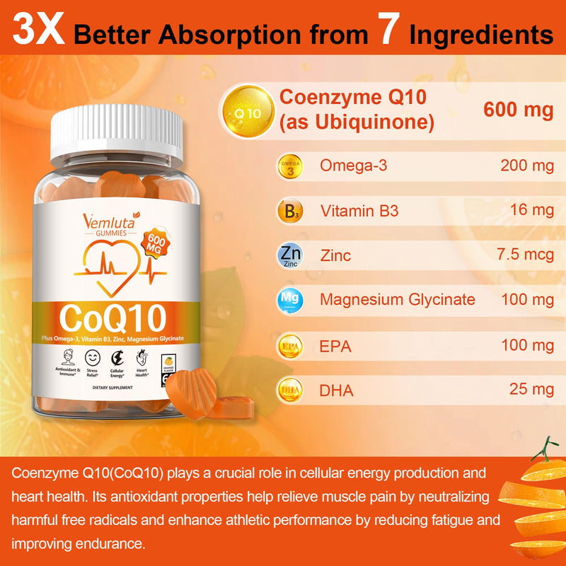 2 Pack CoQ10 Gummies, CoQ10-600mg- 3X Better Absorption Co q 10 Supplement Plus Omega-3, Magnesium, Vitamin B3 & Zinc for Adults Energy, Brain＆ Heart Support,120 Counts 60 Count (Pack of 2)