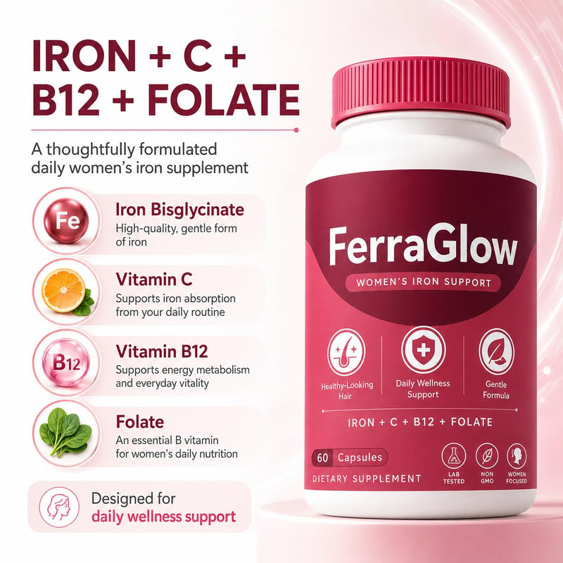 FerraGlow Iron Support Capsules for Women, 60 Count | Iron Bisglycinate, Lactoferrin, Vitamin C B12, Gentle Absorption Formula, Daily Wellness Hair Energy Support