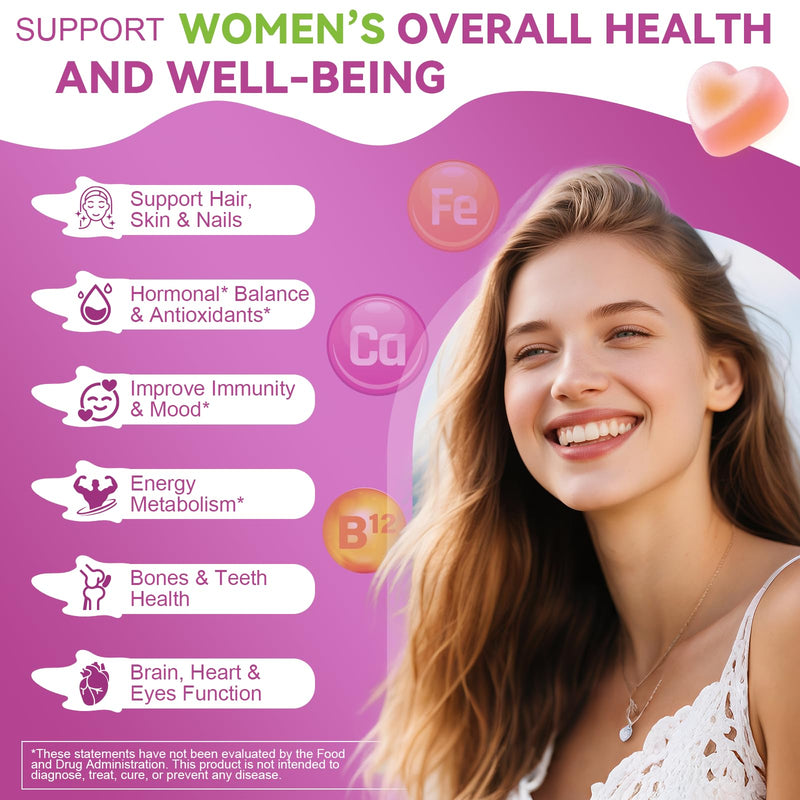 Totaria Sugar Free Womens Multivitamin Gummies with Iron, Women's Multivitamin w/Vitamins C, D3 K2, B12, B6, Filled Gummies for Daily Nutritional Support| Immune Support| Skin Health, Mixed Flavors 60 Count (Pack of 1)