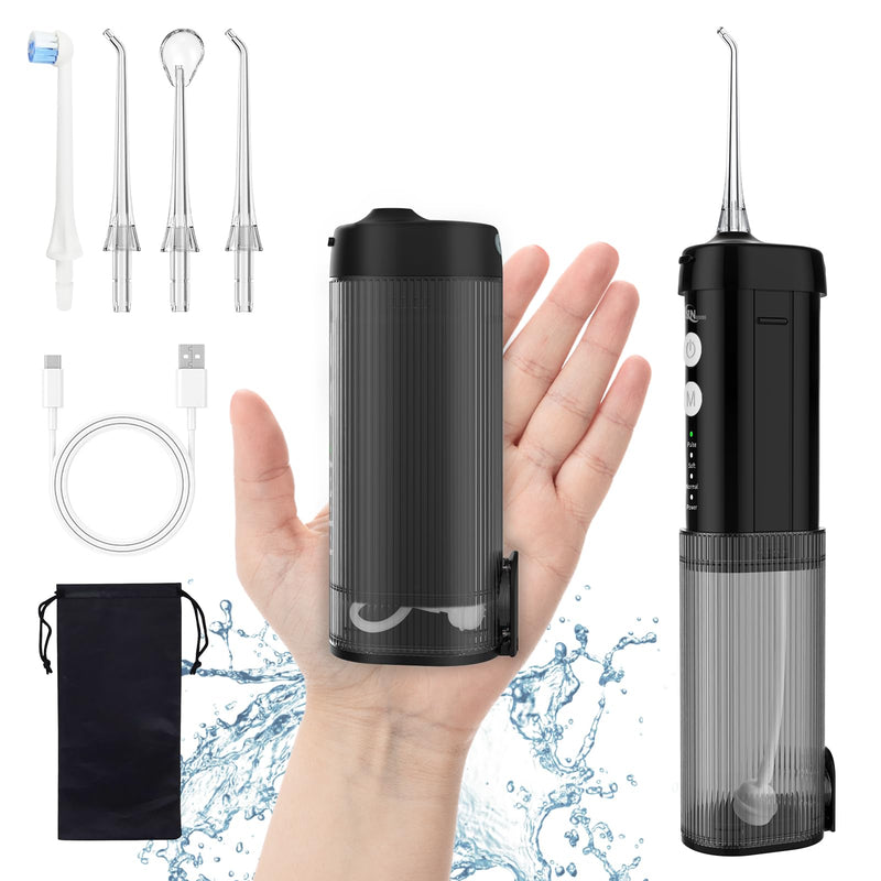Mini Portable Water Flosser Oral Irrigator Water Teeth Cleaner Pick, Telescopic Water Tank, 4 Modes & IPX7 Waterproof, Home & Travel Water Flossers for Teeth, Braces Bridges Care. (Black) Black