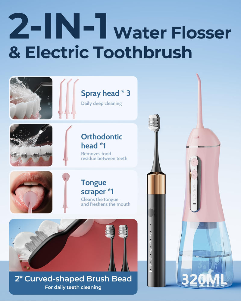 Electric Toothbrush Water Flosser Adults, Sonic Electric Toothbrush and Electric Floss for Adults and Kids, Water Dental Picks, Cleaning and Flossing Dental Care, Waterproof Pink-1