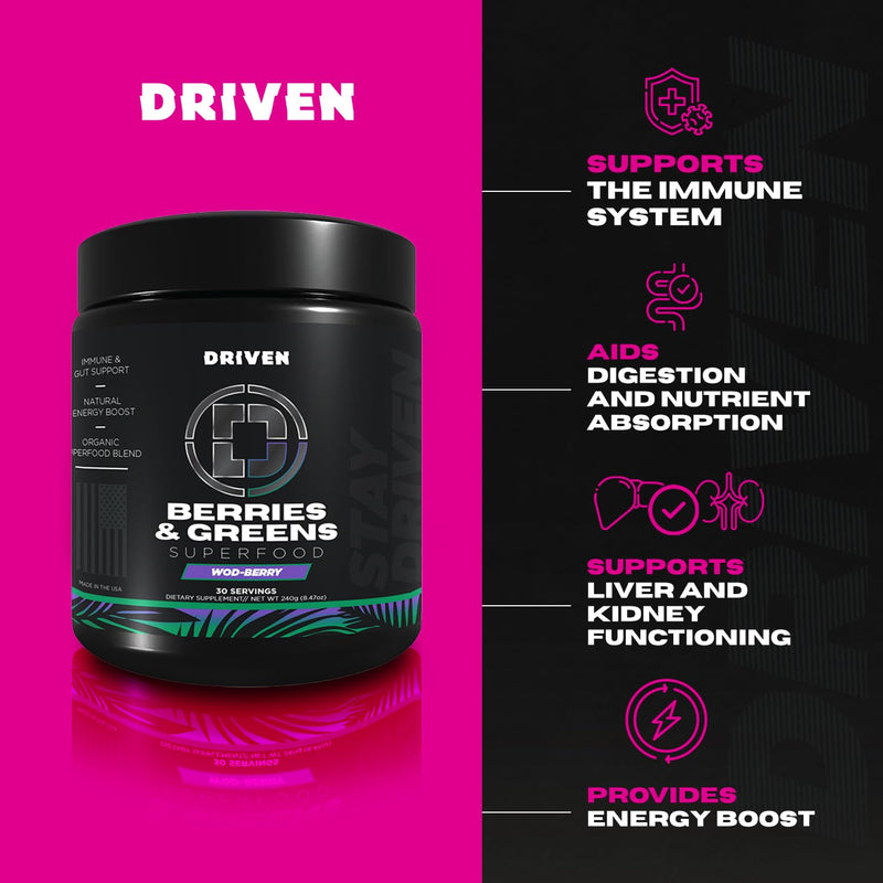 Driven B&G Berries & Greens Superfood Powder, 30 Servings - Organic Plant-Based Formula with Probiotics & Digestive Enzymes -Supports Recovery, Healthy Digestion, and Immune Function WOD-Berry