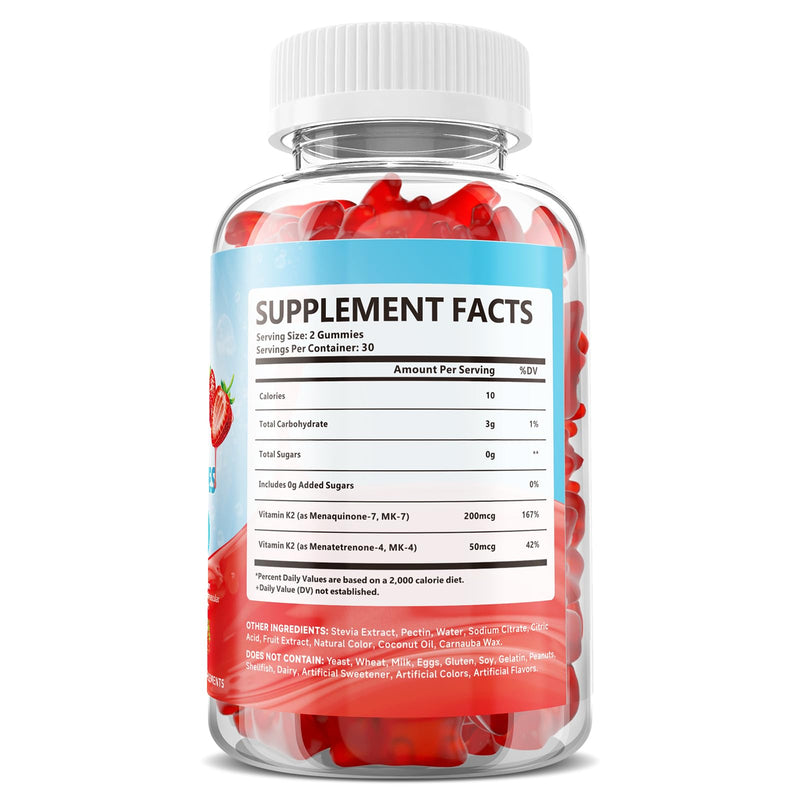 Vitamin K2 Gummies, Dual Formula Vitamin K2 Supplement with MK-7 & MK-4, Supports Bone Health, Gluten-Free, Sugar-Free, Non-GMO, Strawberry Flavor, 60 Gummies 60 Count (Pack of 1)
