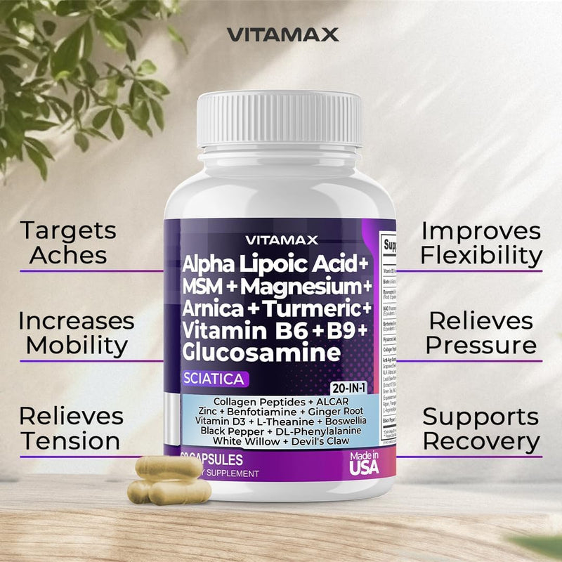 Sciatic Nerve Health Support - Sciatic Nerve Supplement Capsules with Folic Acid, Pea, Glucosamine, MSM, Vitamin B Complex, Alpha Lipoic Acid 300mg – 60ct – Made in USA 60 Count (Pack of 1)