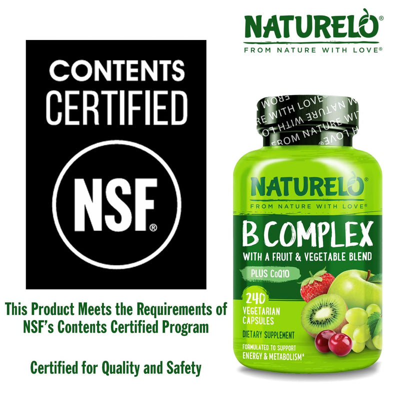 NATURELO Vitamin B Complex, 240 Capsules, Vegan, CoQ10, Methyl Folate | Biotin, Fruit & Vegetable Blend, Supports Energy And Healthy Stress Response, Super B Complex Vitamins for Women and Men 240 Count (Pack of 1)