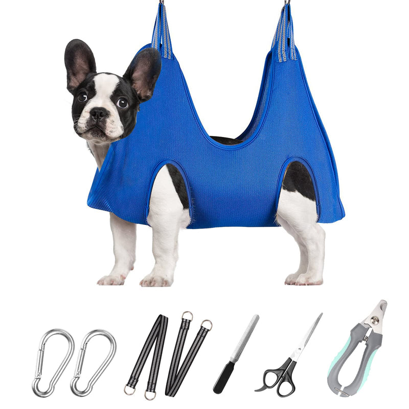 ATESON Pet Grooming Hammock for Small Dogs & Cats with Nail Clippers/Nail Trimmers/Grooming Scissors, Dog Grooming Harness for Nail Trimming, Pet Grooming Sling Helper S for Small Dogs 30LB Blue - BeesActive Australia
