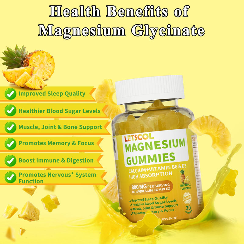 Magnesium Glycinate Gummies, Sugar Free Magnesium Supplement with Magnesium Malate, Calcium, Vitamin D3, B6, CoQ10 for Calm Support & Sleep for Adults Kids Pineapple 30 Count (Pack of 1)