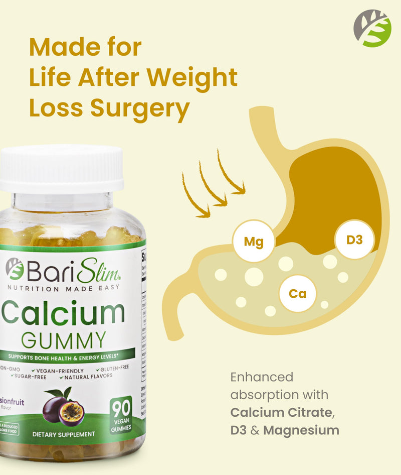 BariSlim Bariatric Calcium Gummies - Specially Formulated Bariatric Vitamins for Patients After Weight Loss Surgery - Supports Energy Levels & Bone Health | Passionfruit (90 Vegan Gummies)