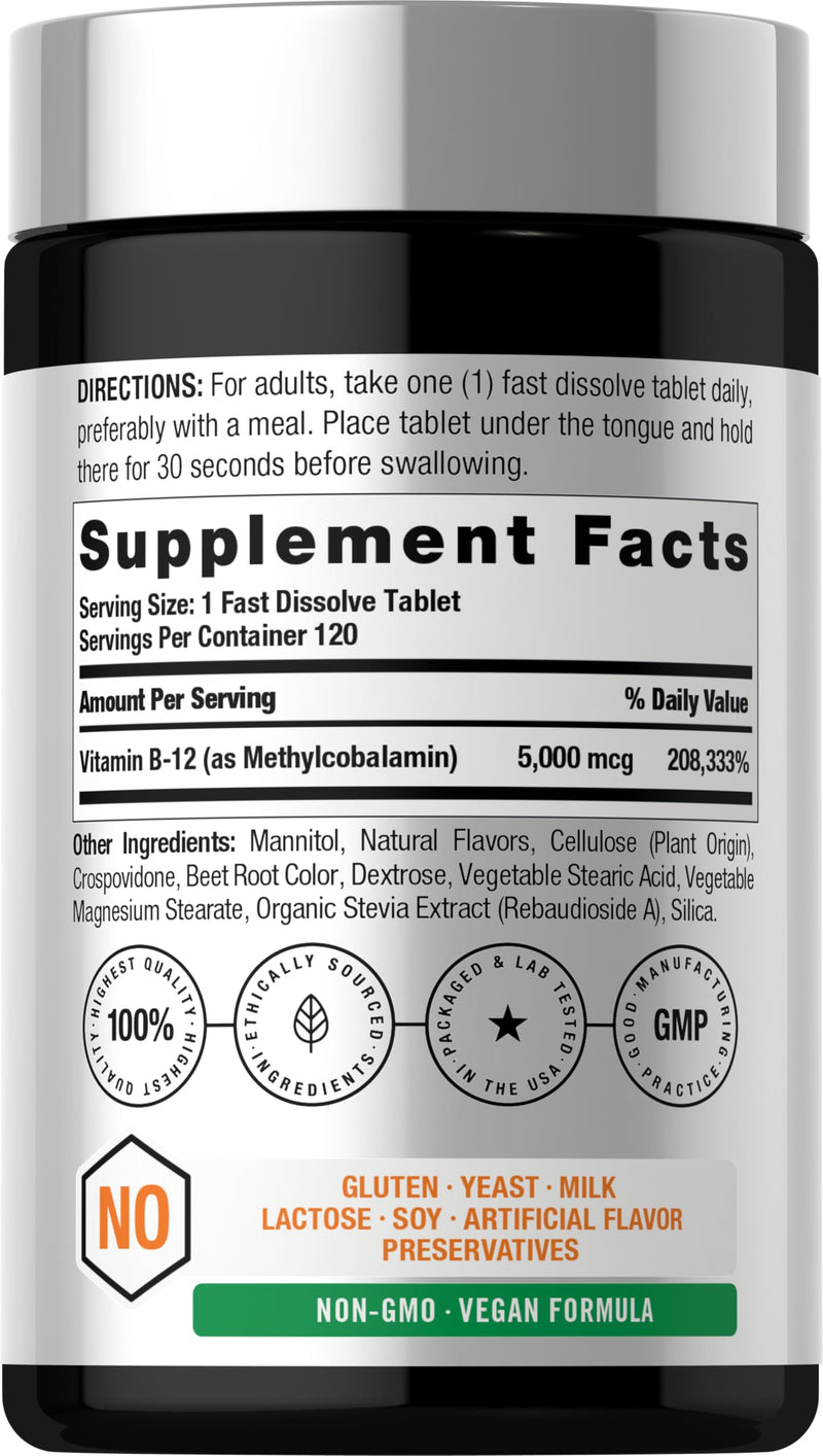 Horbäach B12 Vitamin 5000 mcg | 120 Fast Dissolve Tablets | Sublingual Methylcobalamin | Natural Berry Flavor | Vegan, Non-GMO & Gluten Free Supplement 120 Count (Pack of 1)