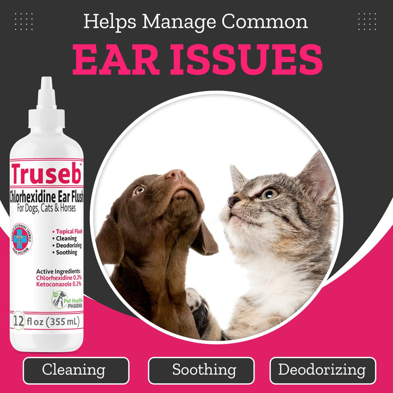 Truseb Maximum Strength Dog Ear Infection Treatment Flush, Cat & Dog Ear Cleaner Solution Medicated with Chlorhexidine & Ketoconazole Helps with Ear Itching Redness Swelling (12 oz)