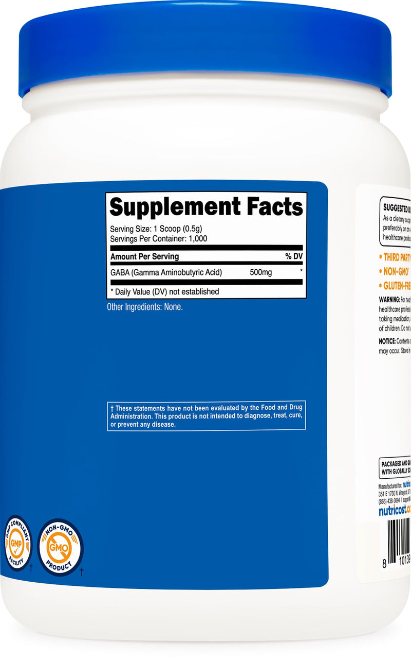 Nutricost Pure GABA Powder 500G, (Gamma Aminobutyric Acid) Gluten-Free 1.12 Pound (Pack of 1)