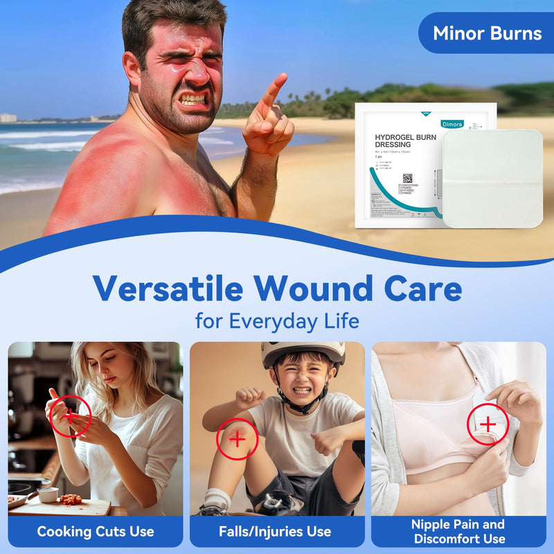 Dimora Hydrogel Burn and Wound Dressing 4" x 4" - Hydrogel Nipple Pads Instant Cooling Relief for Minor Burns & Wounds, Soothing Moist Burn Pads for 1st-2nd Degree Burns, Cuts, Abrasions, (10 Count) 4" x 4" (10 Count)