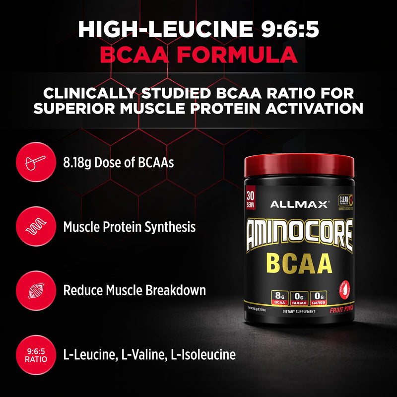 ALLMAX AMINOCORE BCAA Powder, Fruit Punch, 30 Servings, 345 g | Supports Muscle Recovery, Promotes Lean Muscle Growth, 8.18g BCAAs, 9:6:5 Ratio, Zero Sugar