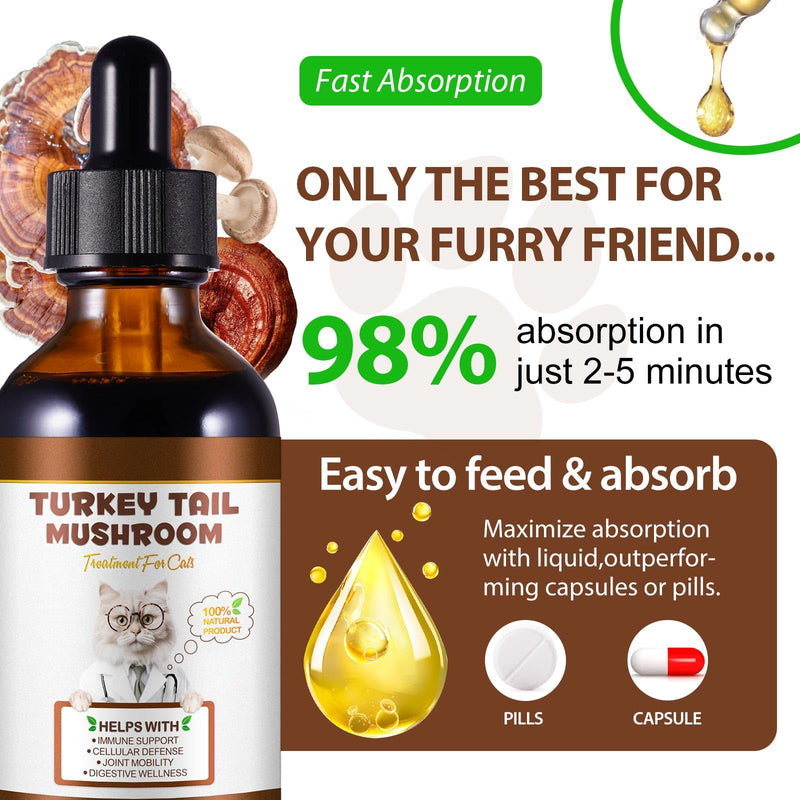 Turkey Tail Mushroom Liquid Drops for Cats - with Reishi, Maitake, Probiotics & Turmeric - Natural Flavour, 60ml